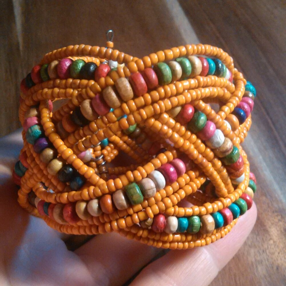 Orange Seed Bead and Multi-Color Bead Twisted Weave Cuff Bracelet